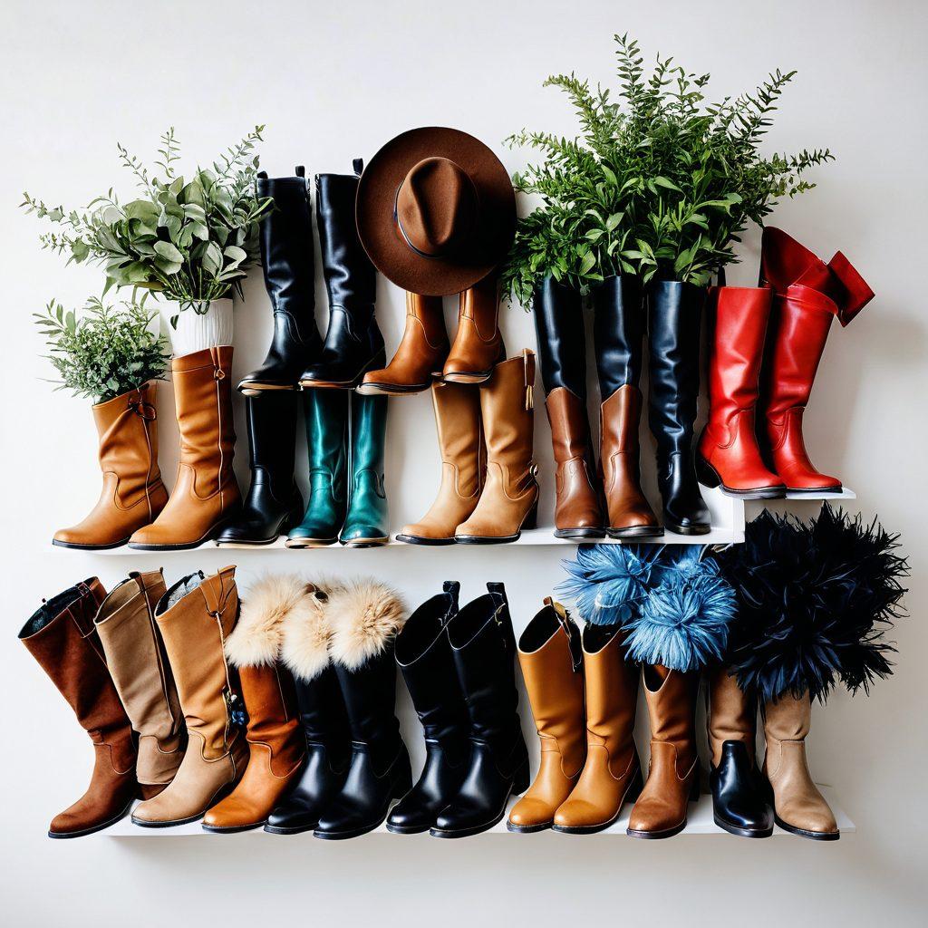 A stylish flat lay of various charming boots in different colors and materials, surrounded by fashion accessories like scarves, hats, and sunglasses. Soft natural lighting to highlight the textures of the boots, with a chic background of a cozy café or boutique setting. Include some fashionable magazines or a small plant to add depth. perfect for fashionistas looking for inspiration. super-realistic. vibrant colors. white background.