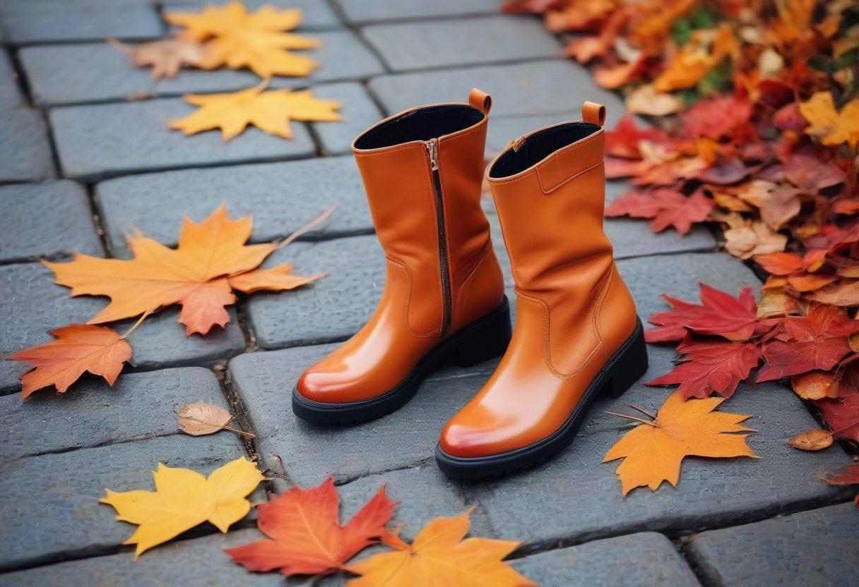 A stylish display of various footwear, showcasing ankle boots, knee-high boots, and trendy sneakers arranged aesthetically on a cobblestone surface. Surround the footwear with vibrant autumn leaves and soft lighting to evoke a cozy vibe. Include a mirrored surface for reflections to enhance elegance. super-realistic. warm colors. natural lighting.