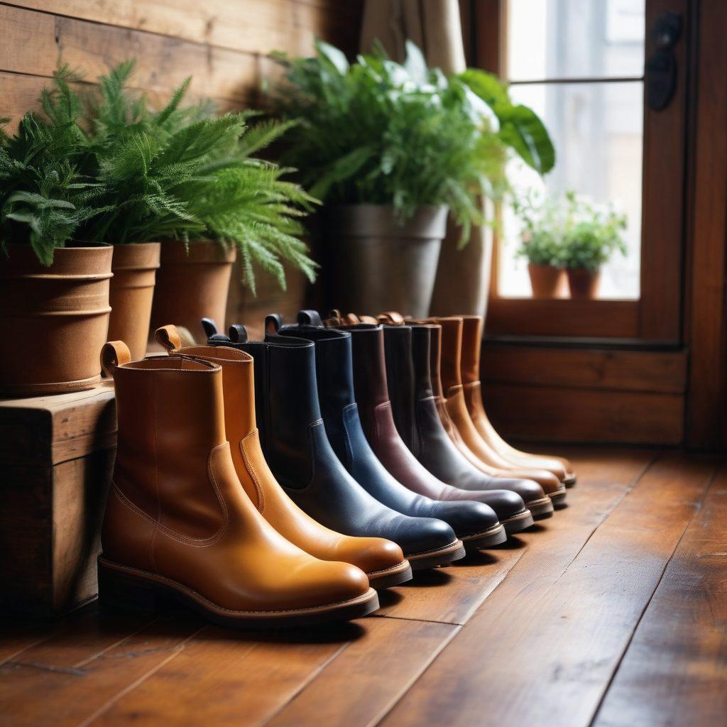 A stylish array of various boots displayed on a vintage wooden floor, showcasing different materials like leather and suede in rich, elegant colors. Each pair is highlighted under soft, warm lighting to create a welcoming atmosphere, with fashion magazines and accessories subtly placed in the background to enhance the scene’s charm. A hint of greenery, like potted plants, adds a refreshing touch. super-realistic. vibrant colors. cozy atmosphere.